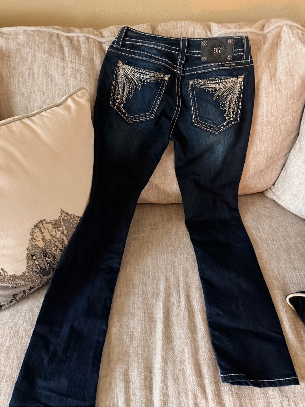 Miss Me Dark Blue Embellished Wide-Leg Jeans